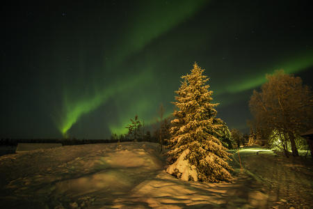 Nordlichter über der Winterlandschaft, Ylläs Äkäslompolo (c) Klaus-Peter Kappest 